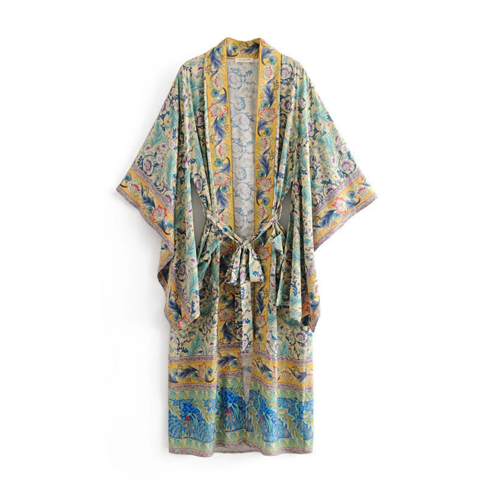 Bohemian Placement Print Tie Waist Robe Coat